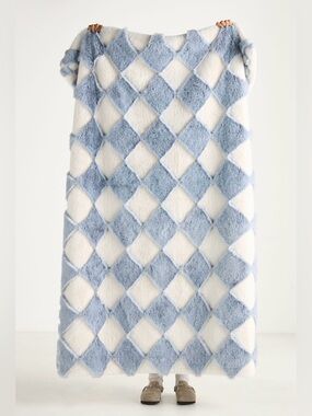 Anthropologie Chella Checkered Faux Fur Throw Blanket, NIP